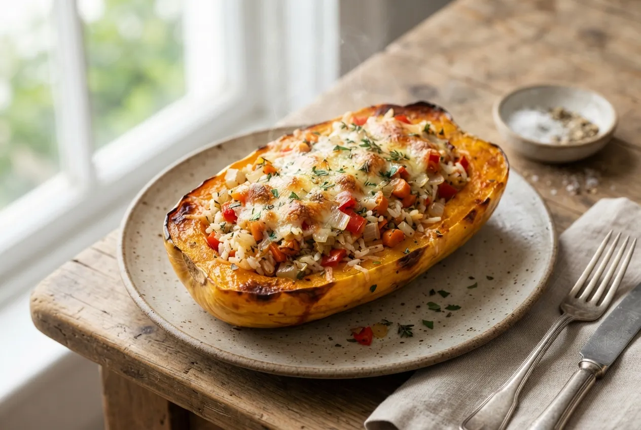 Calabaza rellena de arroz, verduras y queso gratinado