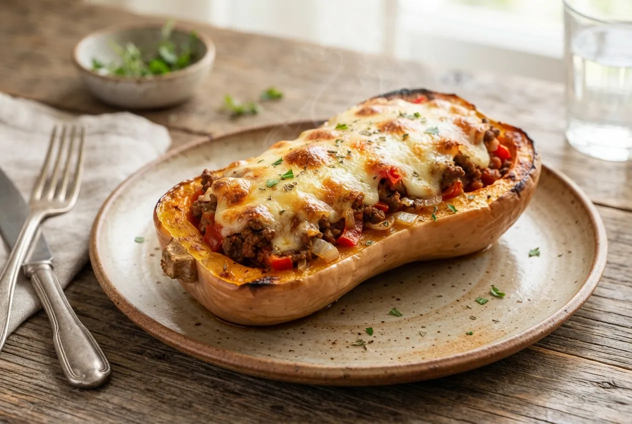 Calabaza rellena con carne picada y gratinada al horno