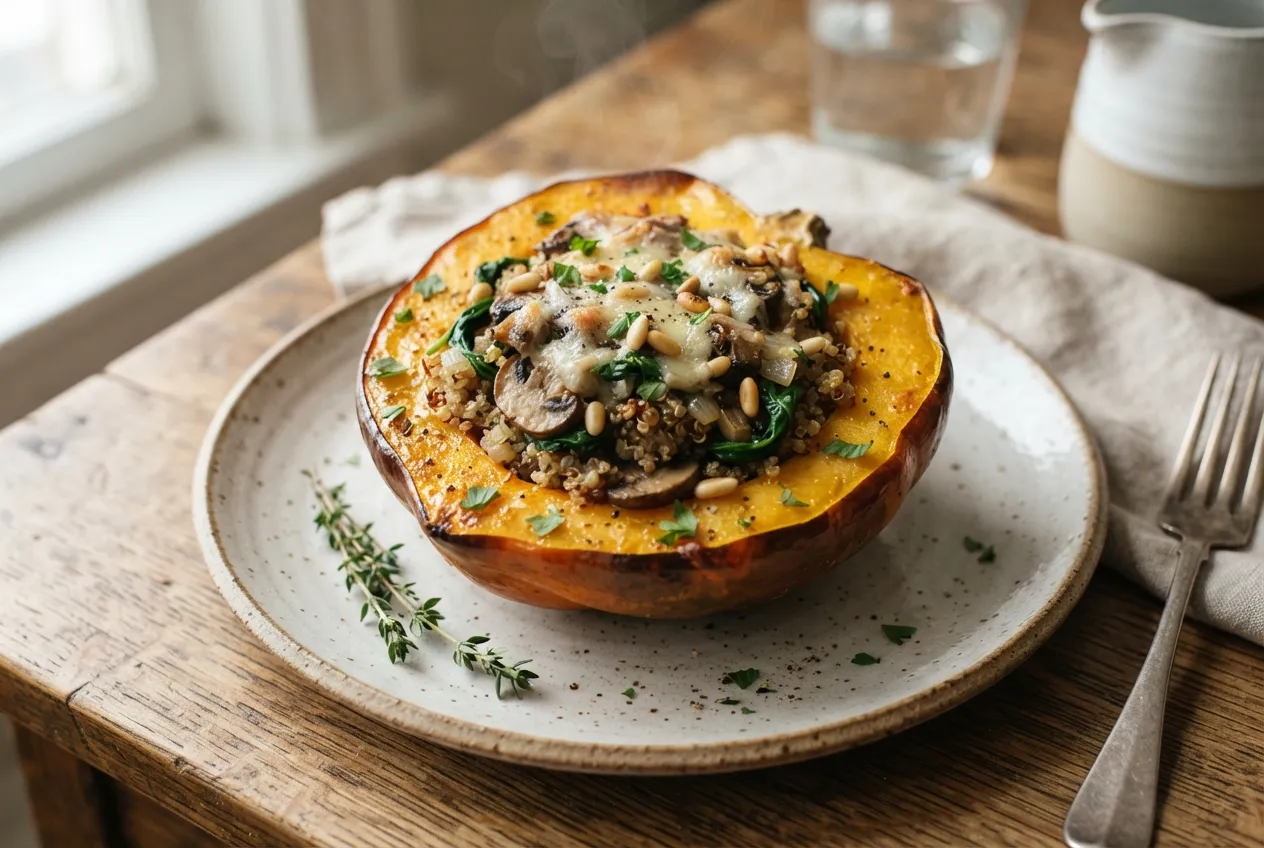 Calabaza rellena de quinoa, champiñones y espinaca al horno
