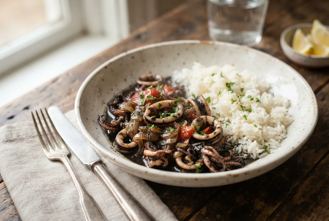 Calamares en su tinta con arroz blanco