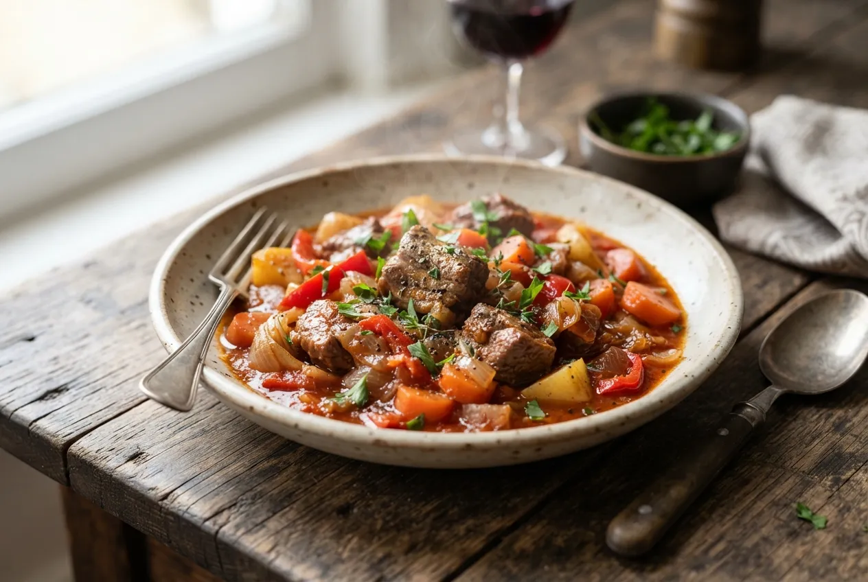 Caldereta de cordero con verduras y vino tinto