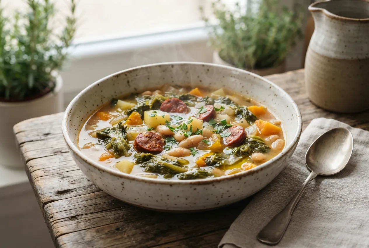 Caldo gallego con grelos, chorizo y alubias