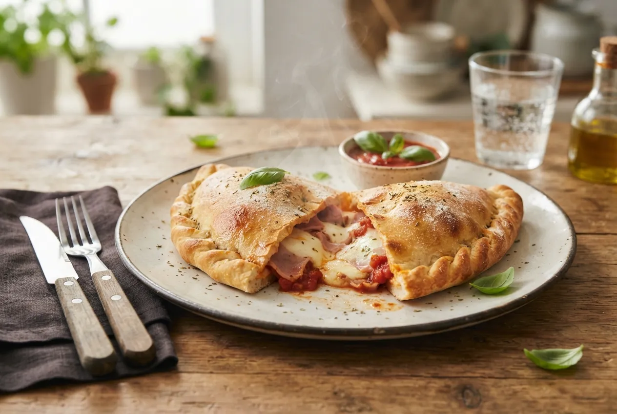 Calzone relleno con jamón, queso y tomate