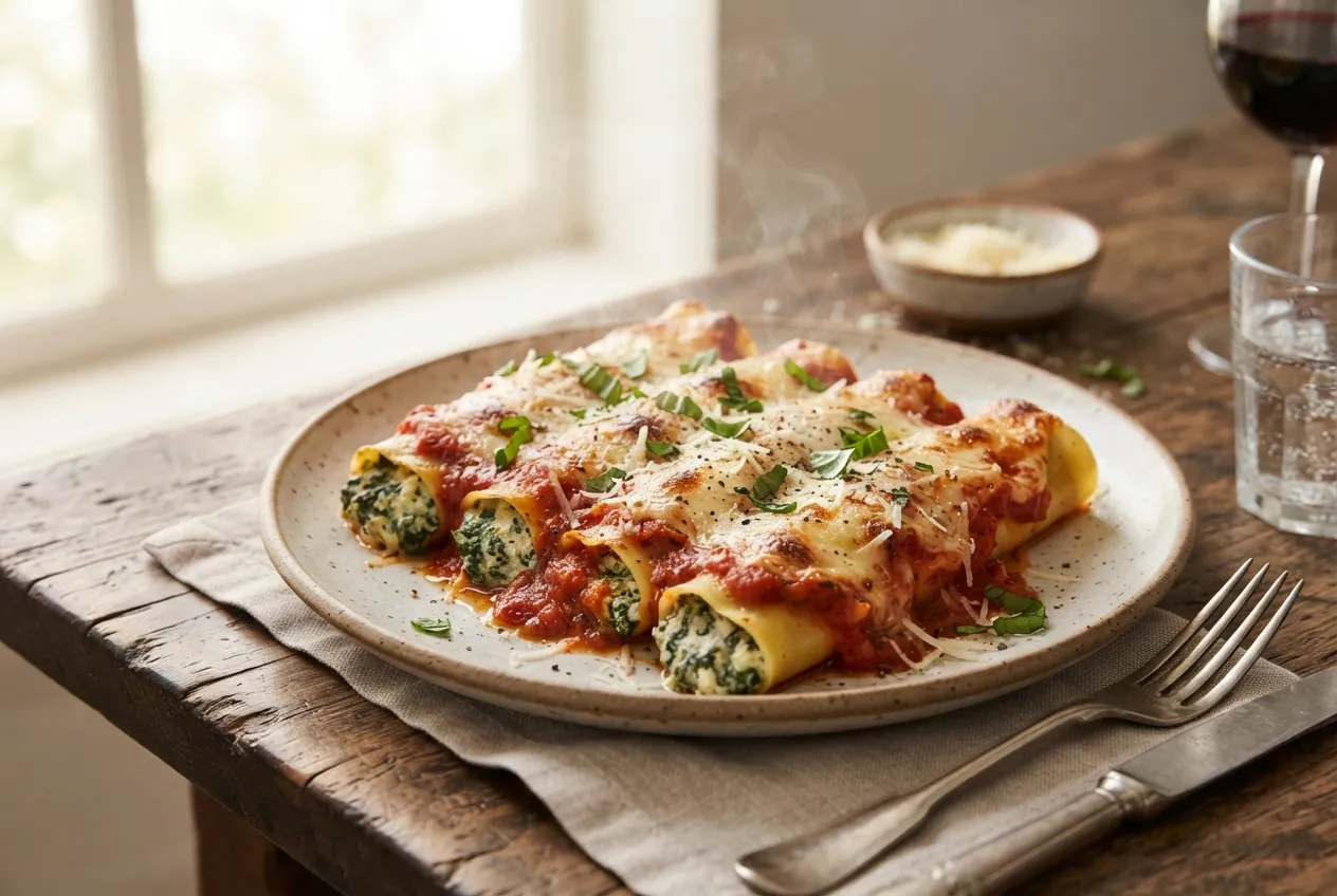 Canelones caseros rellenos de espinaca y ricota con salsa roja