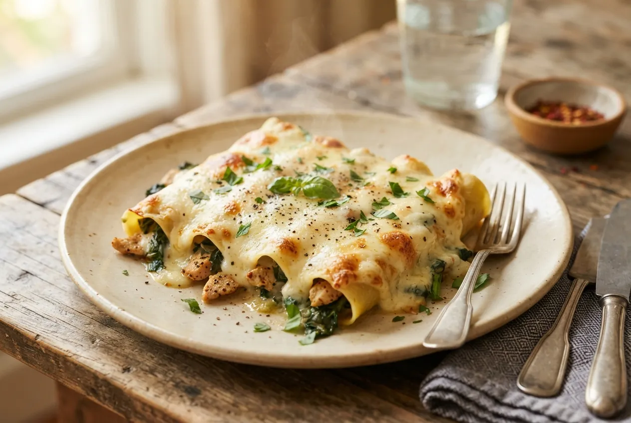 Canelones de espinaca y pollo con salsa de queso