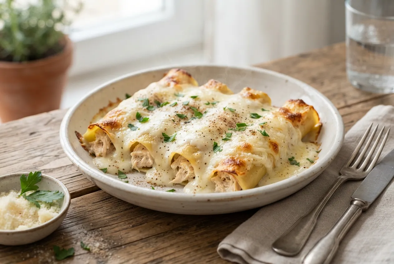 Canelones de pollo con salsa blanca y nuez moscada