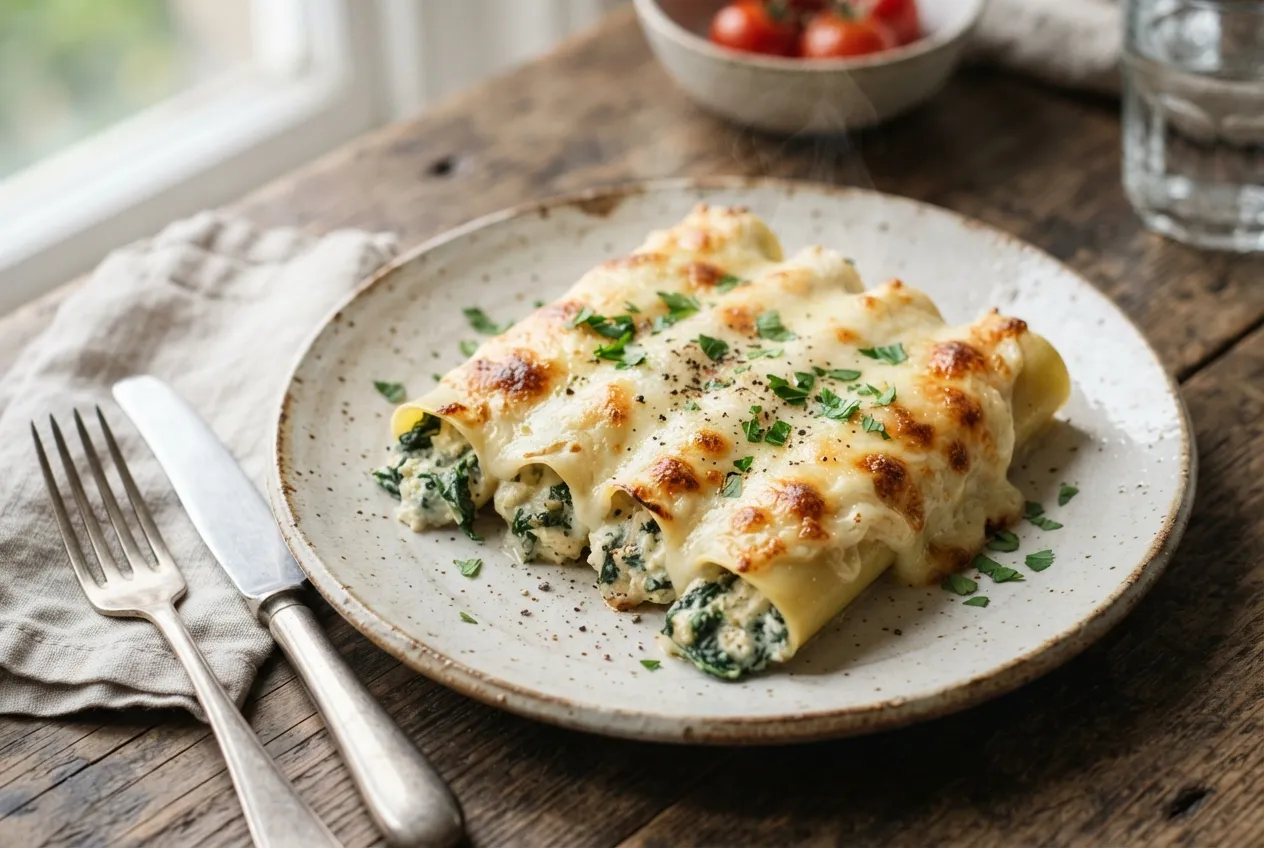 Canelones rellenos de ricota y espinaca con salsa blanca