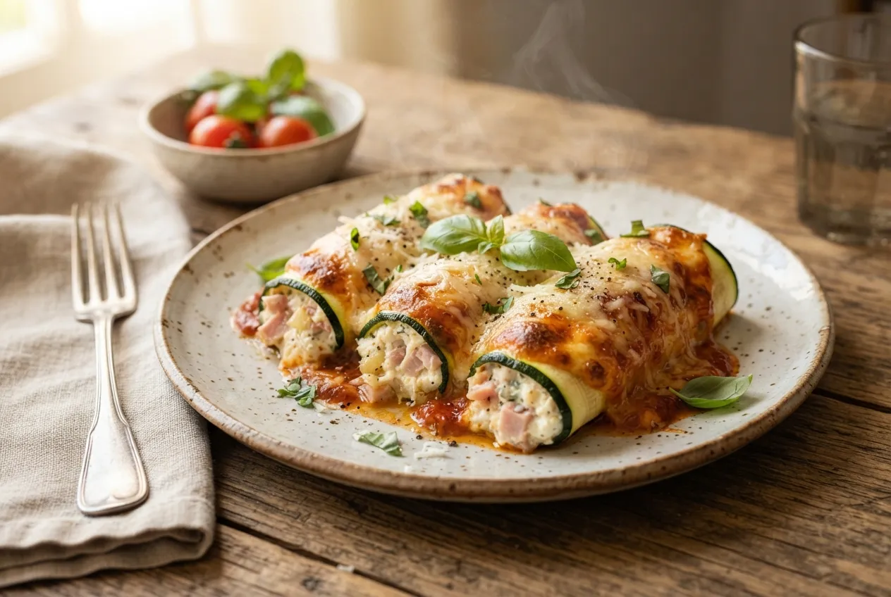 Canelones de zapallitos rellenos con ricota y jamón