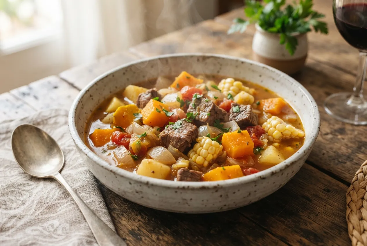 Carbonada argentina con carne, choclo y calabaza