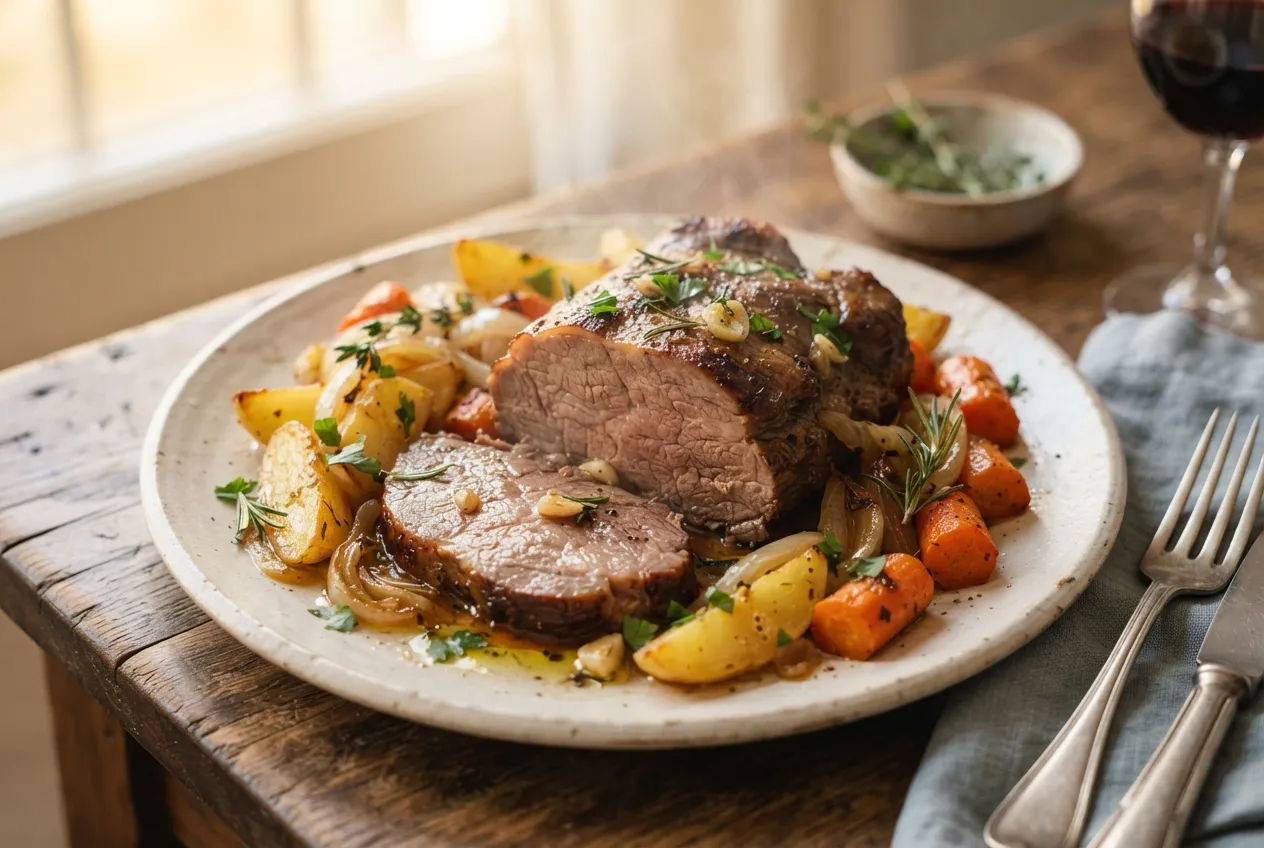 Carne al horno con papas, cebolla y zanahoria