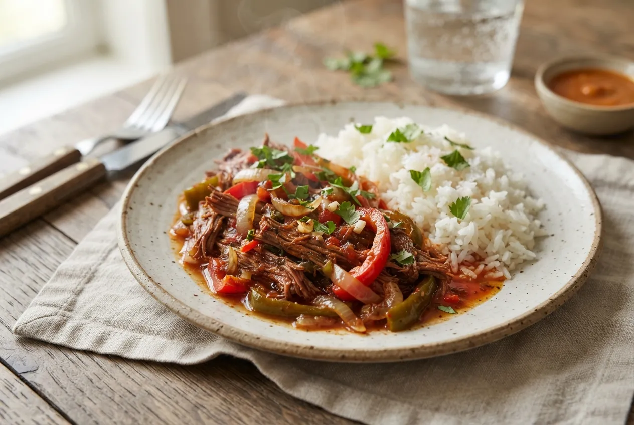 Carne Mechada con Cebolla, Pimientos y Arroz Blanco