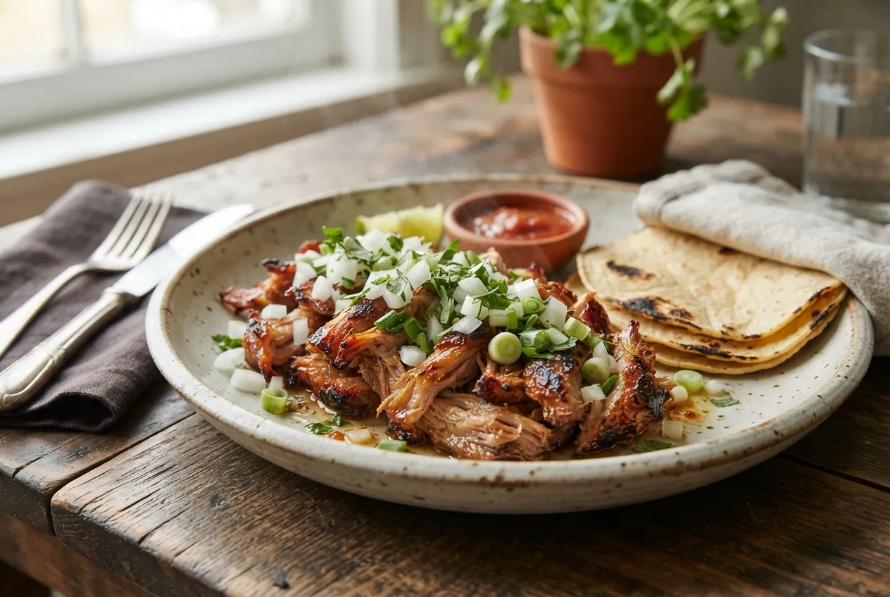 Carnitas de cerdo crocantes con cebolla y cilantro