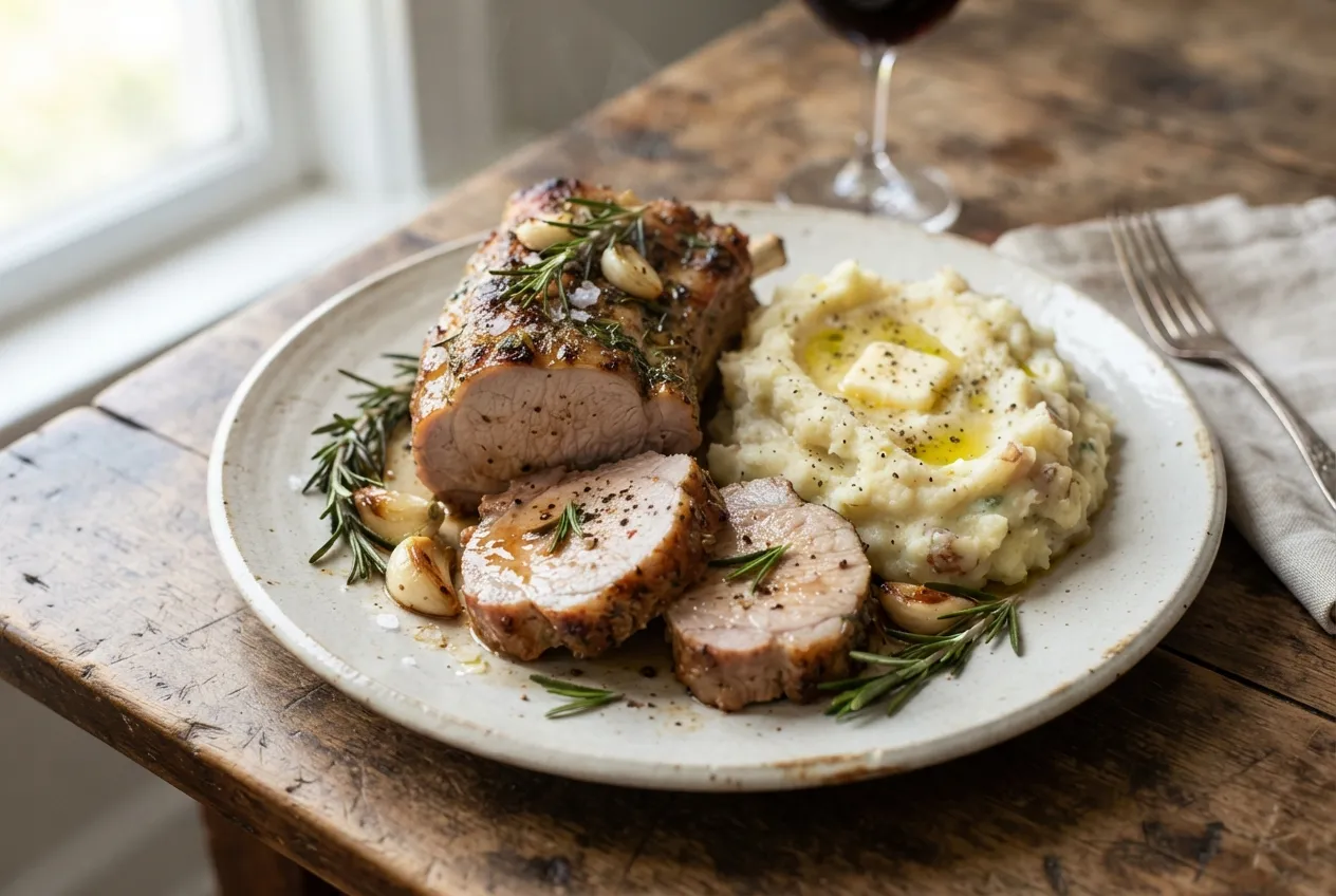 Carré de cerdo al horno con puré rústico