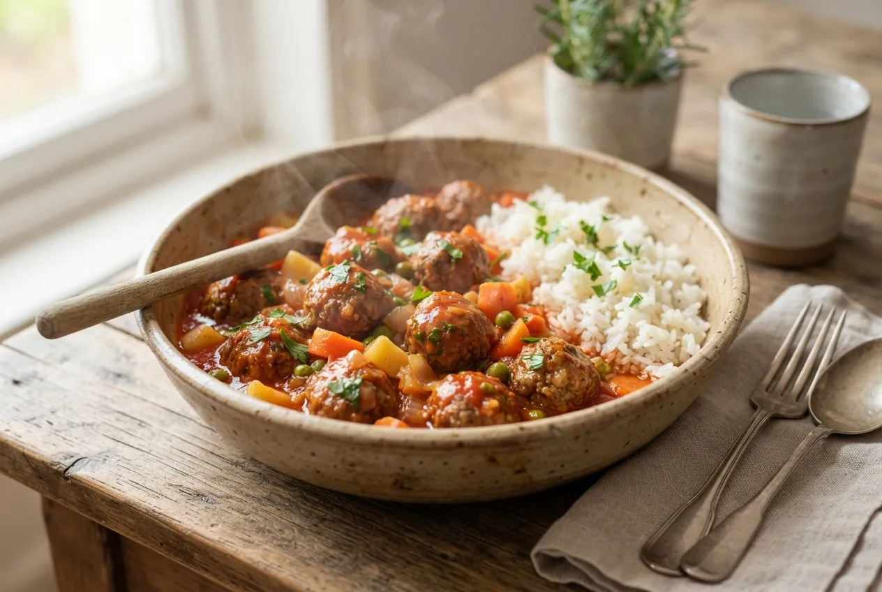Cazuela de albóndigas con verduras y arroz blanco
