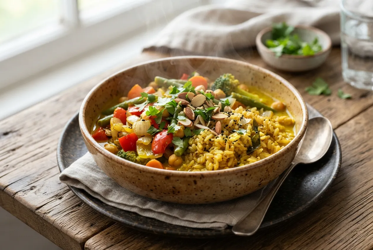 Cazuela de arroz integral con verduras al curry