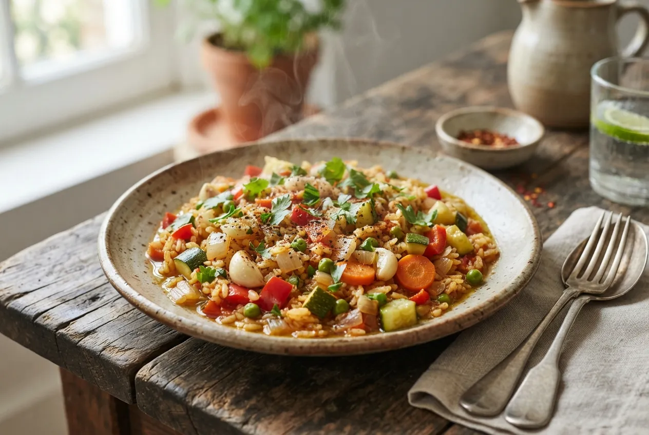 Cazuela de arroz con verduras y especias criollas