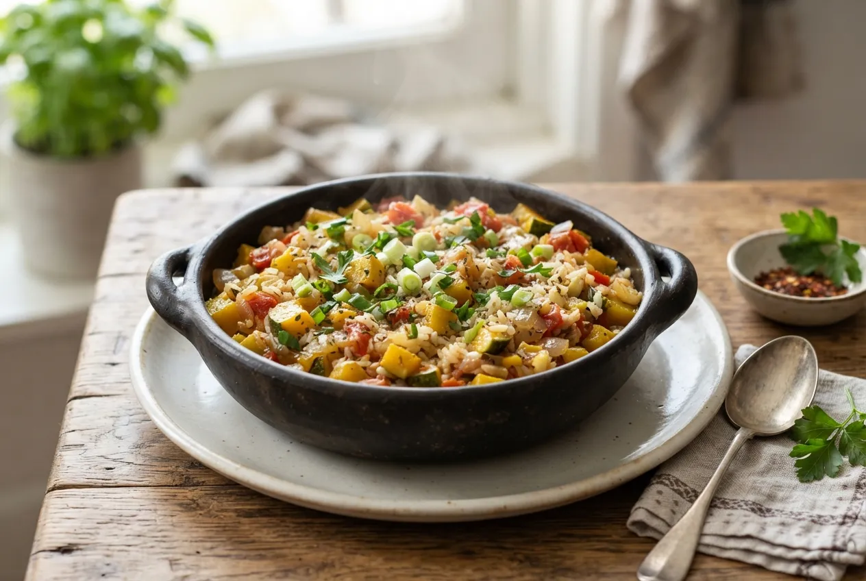 Cazuela de arroz con zapallitos y tomate