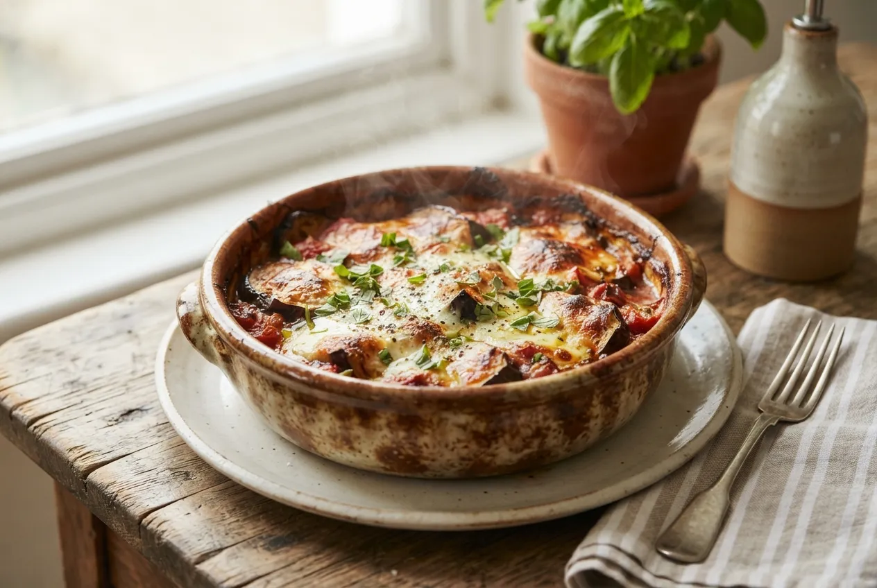 Cazuela de berenjena, tomate y queso gratinado