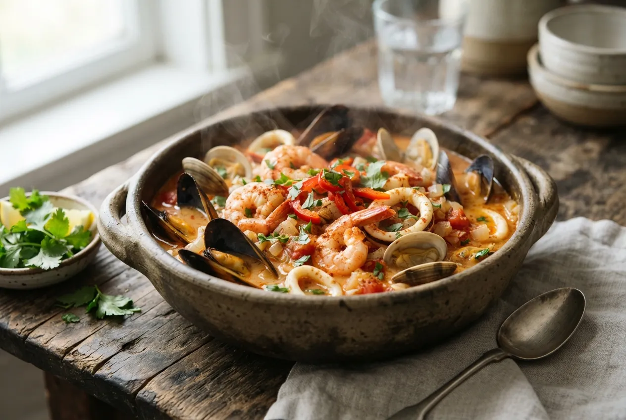 Cazuela de mariscos al estilo argentino con leche de coco