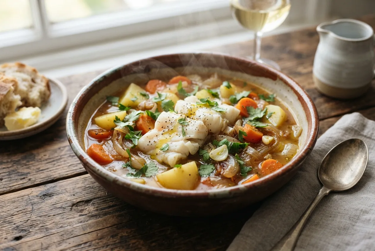 Cazuela de pescado con papas, zanahorias y cebolla