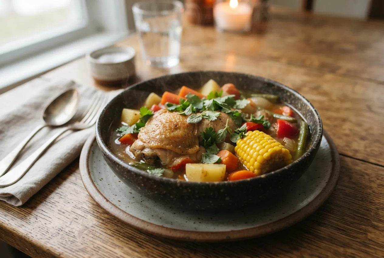 Cazuela de pollo con verduras y choclo para una cena reconfortante
