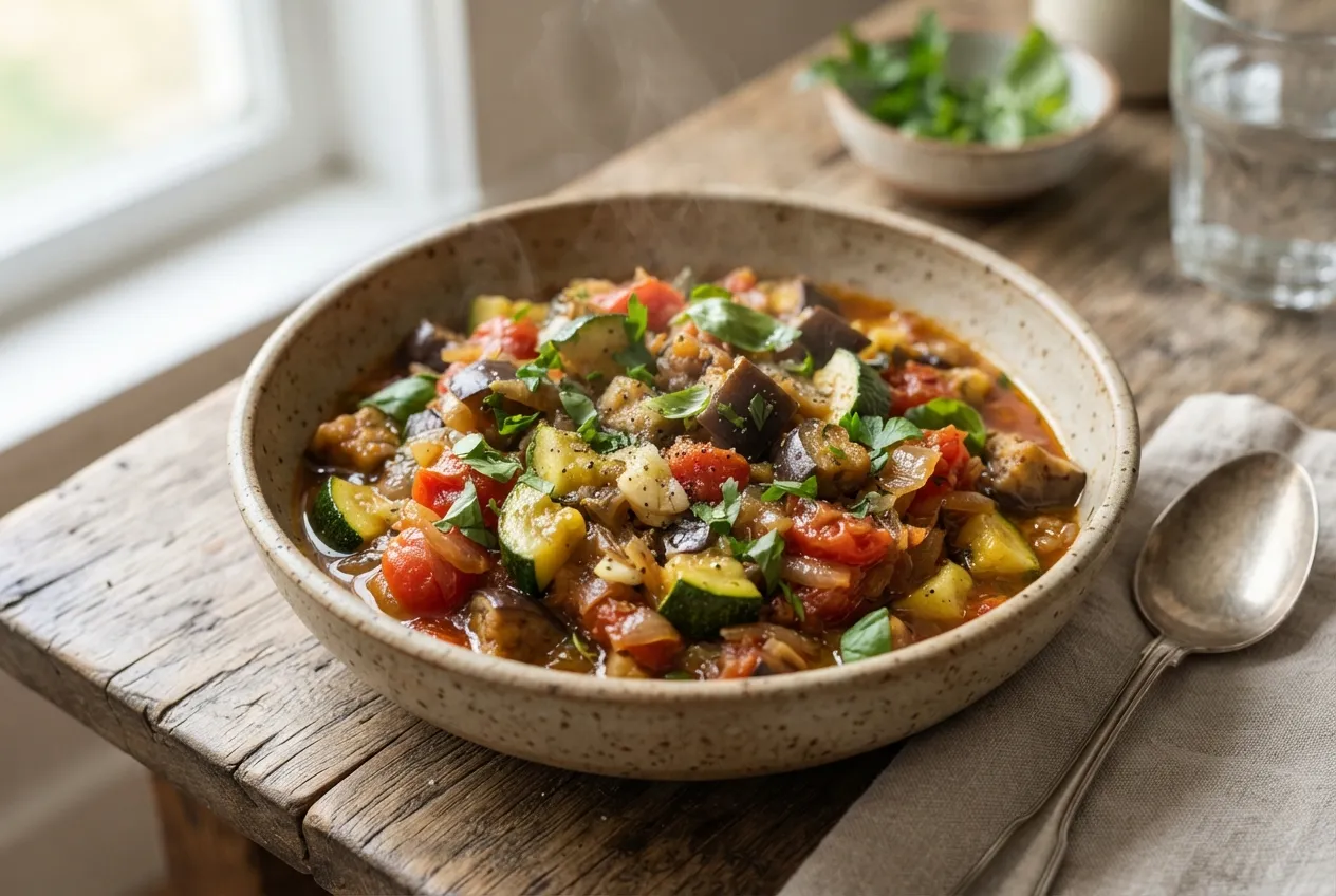 Cazuela vegetariana con berenjenas, zapallitos y tomate