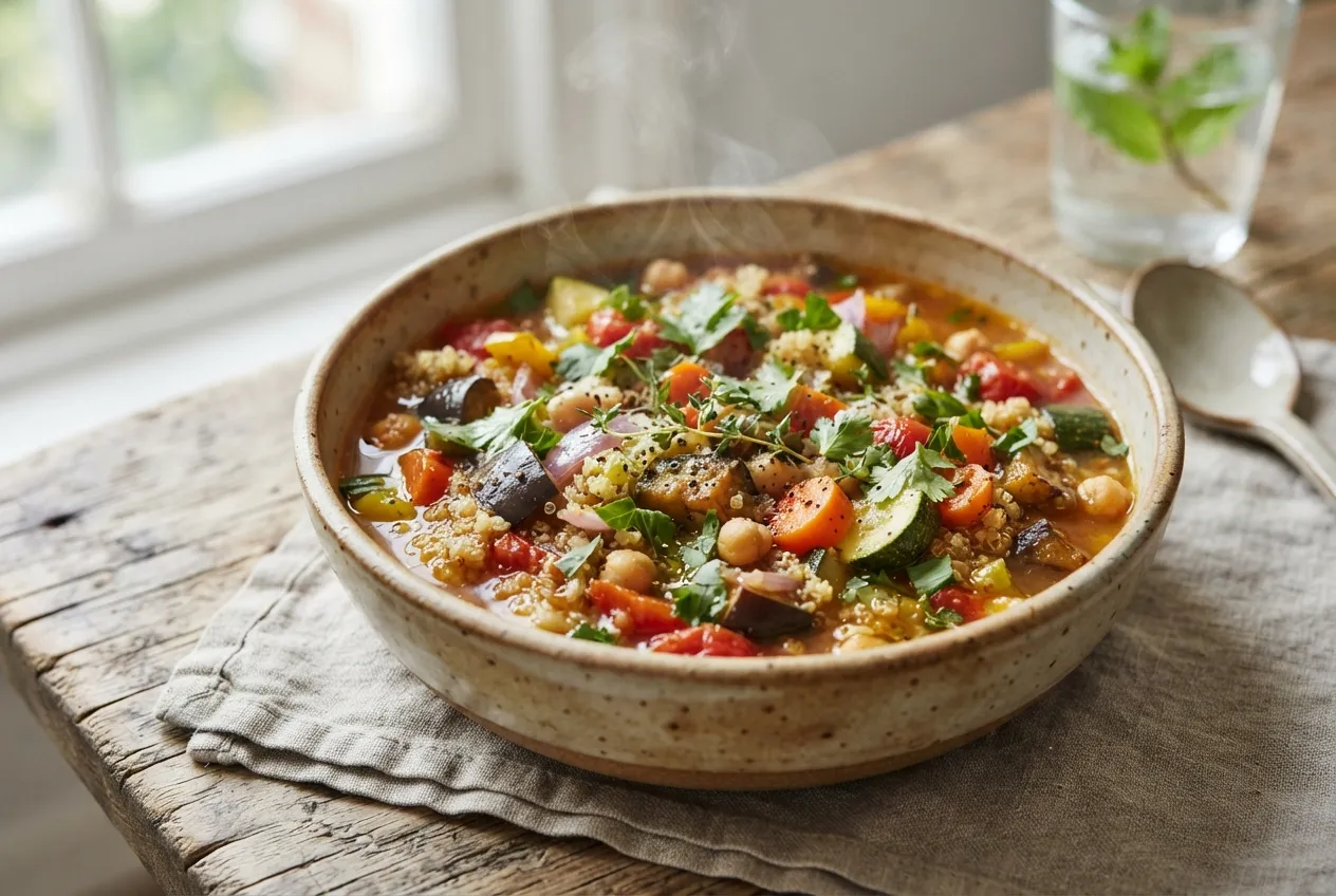 Cazuela de verduras con quinoa y hierbas frescas