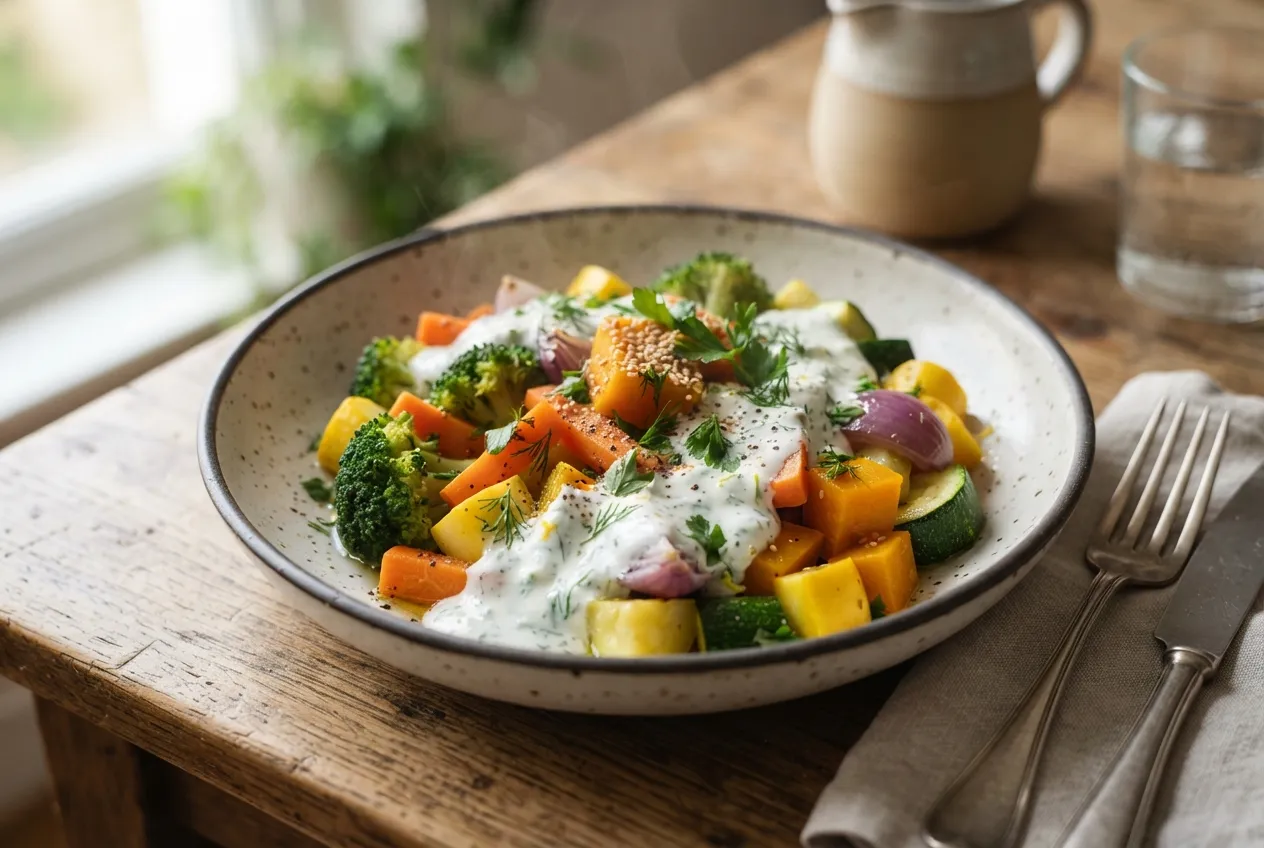 Cazuela de verduras al vapor con salsa de yogur y hierbas
