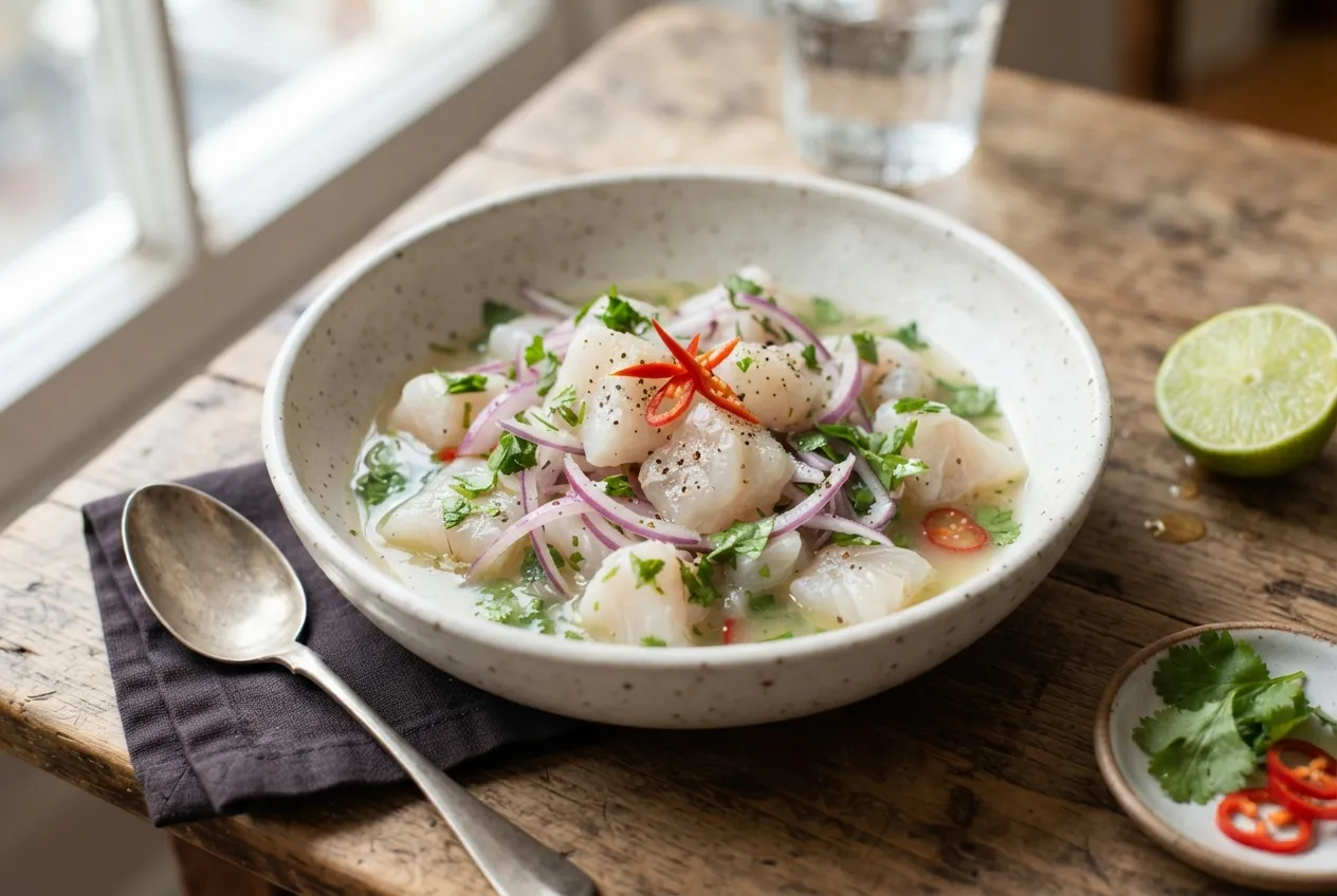 Ceviche de pescado con limón, cebolla y cilantro