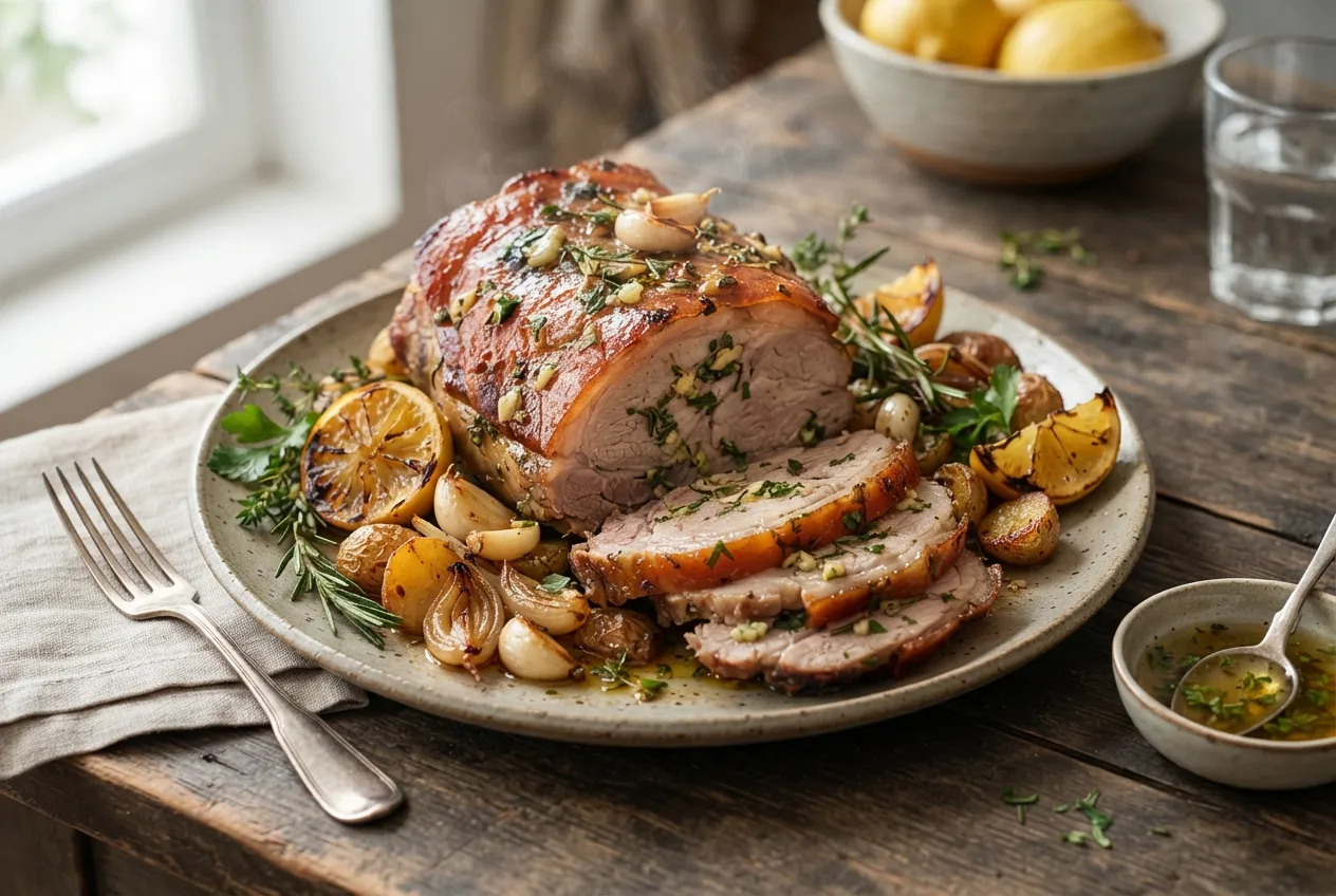 Chanchito al horno marinado con hierbas y limón