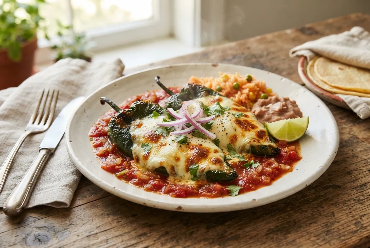Chiles rellenos de queso gratinados con salsa de tomate