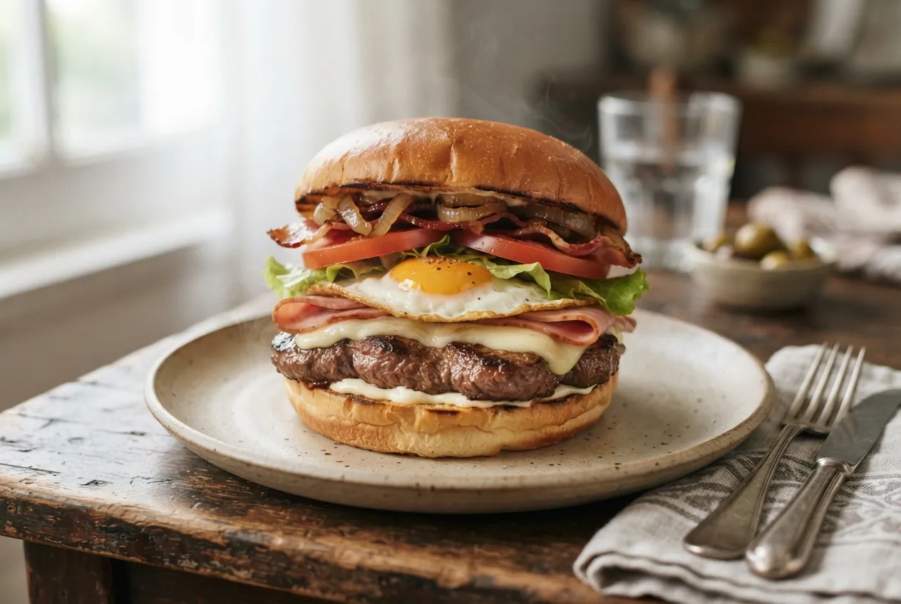 Chivito uruguayo tradicional con todos los ingredientes
