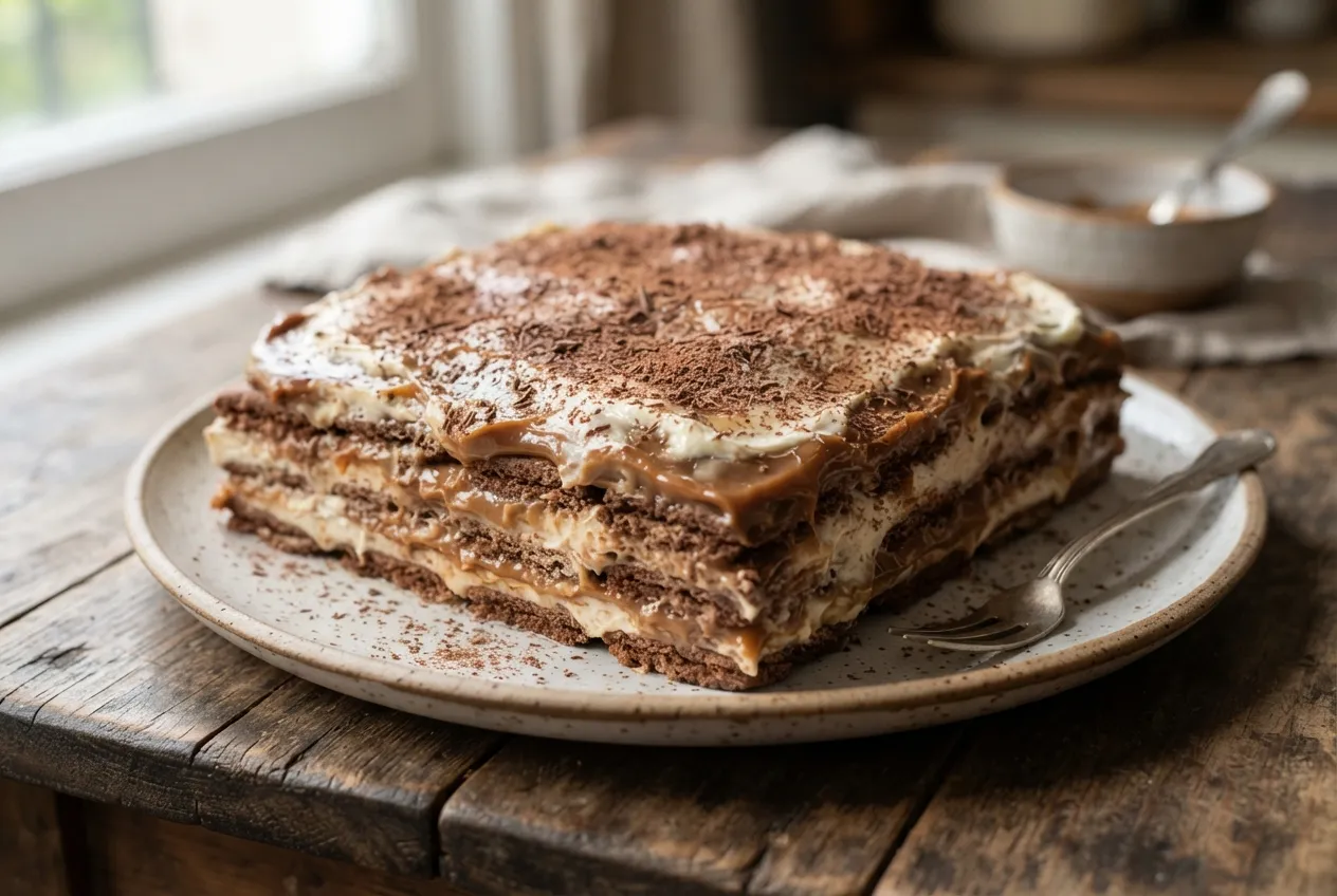 Chocotorta fría con crema de dulce de leche y galletitas