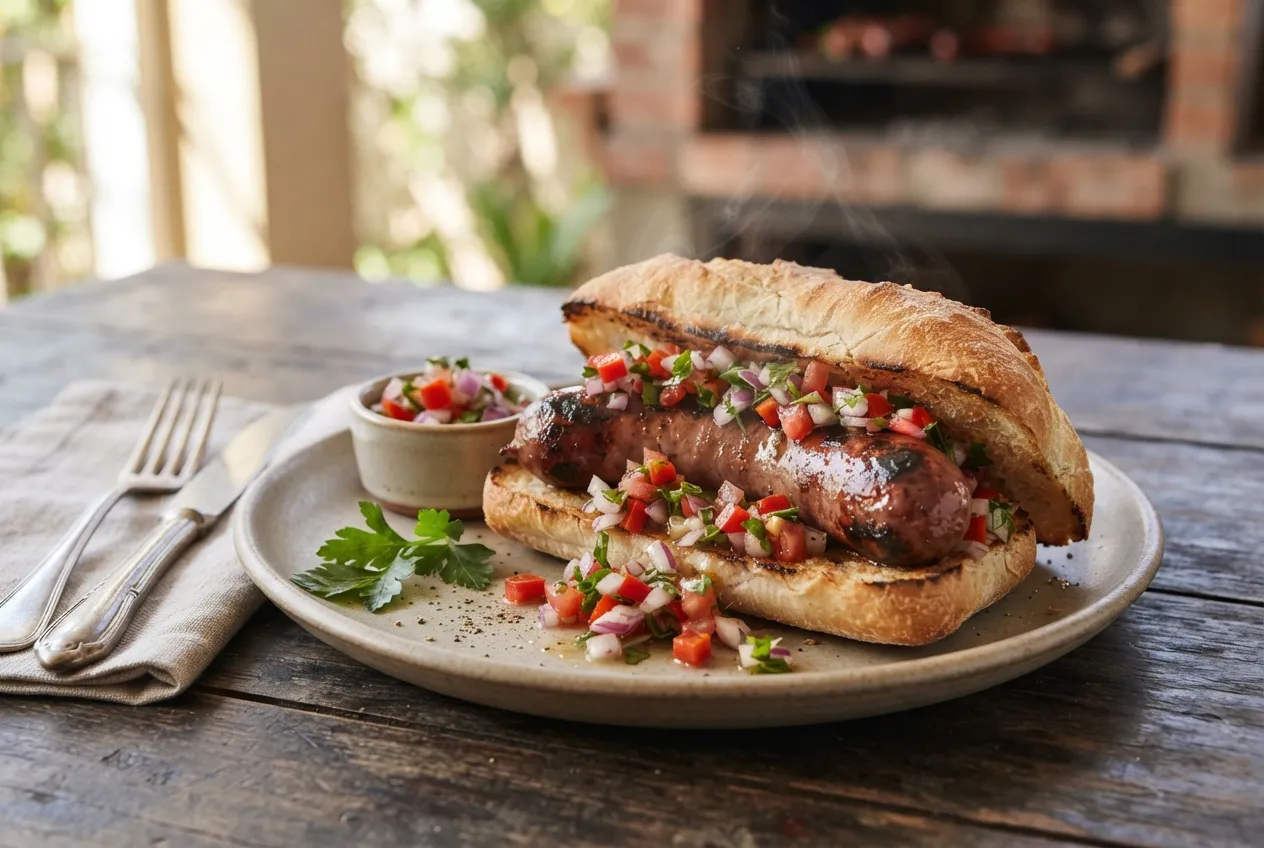 Choripán con salsa criolla para el asado en casa