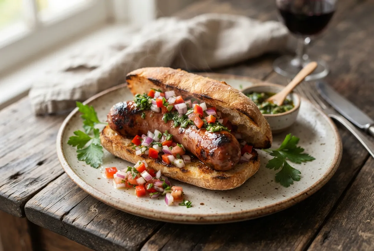 Choripán con salsa criolla y chimichurri para asado