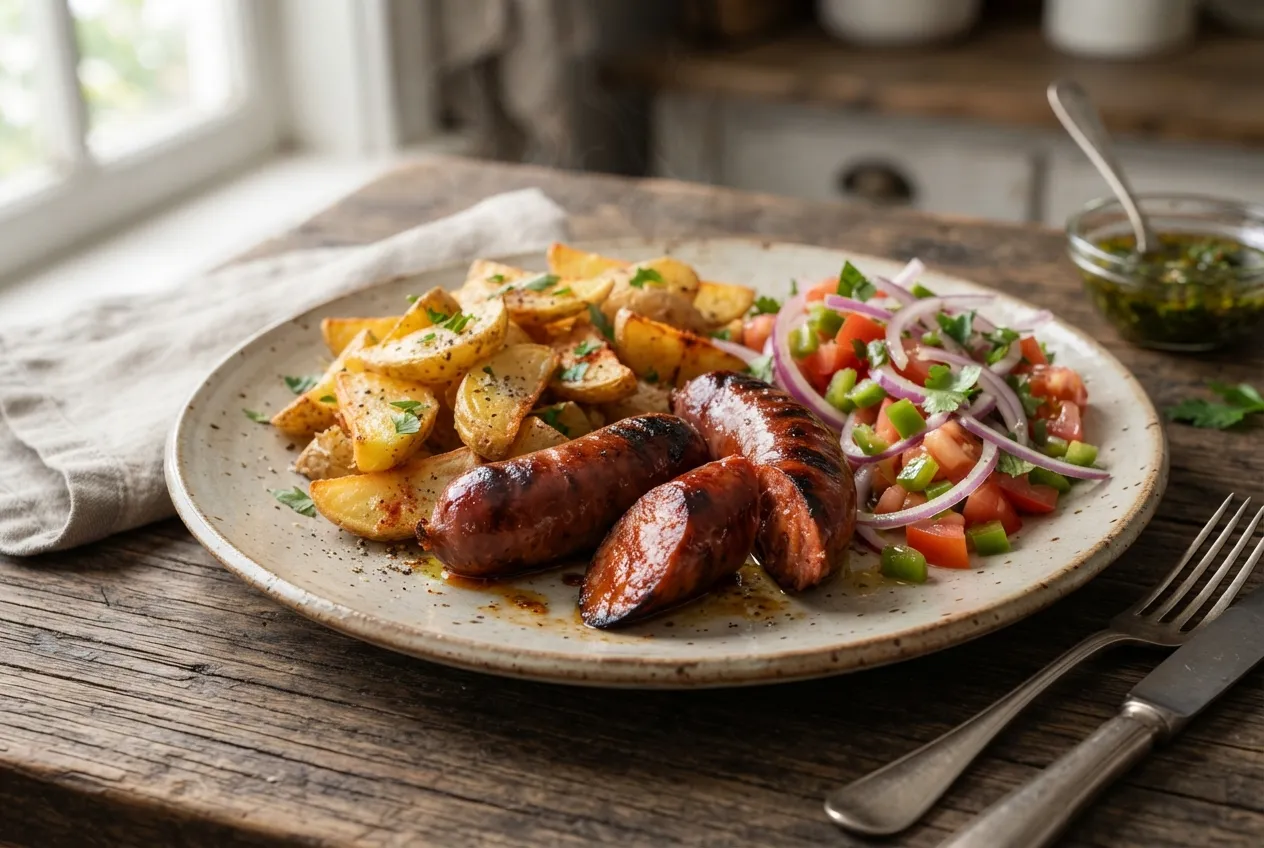 Chorizo acompañado con ensalada criolla y papas rústicas