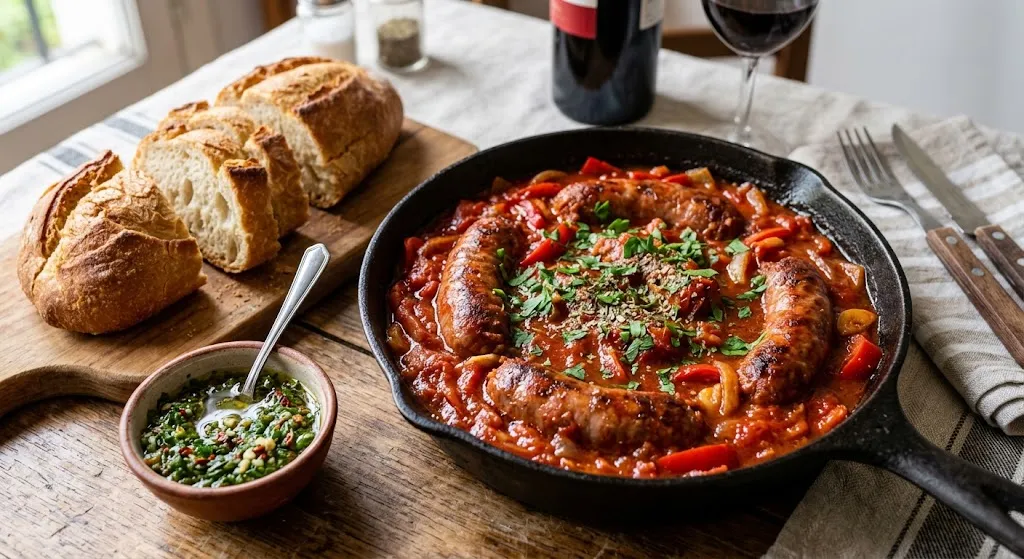 Chorizo a la pomarola con pan casero y chimichurri