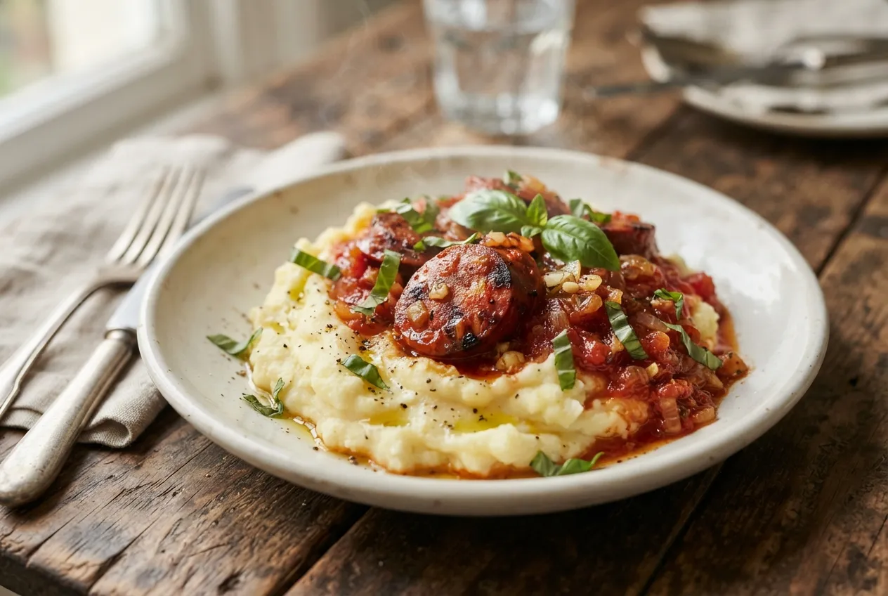 Chorizo a la pomarola con puré de papas cremosa