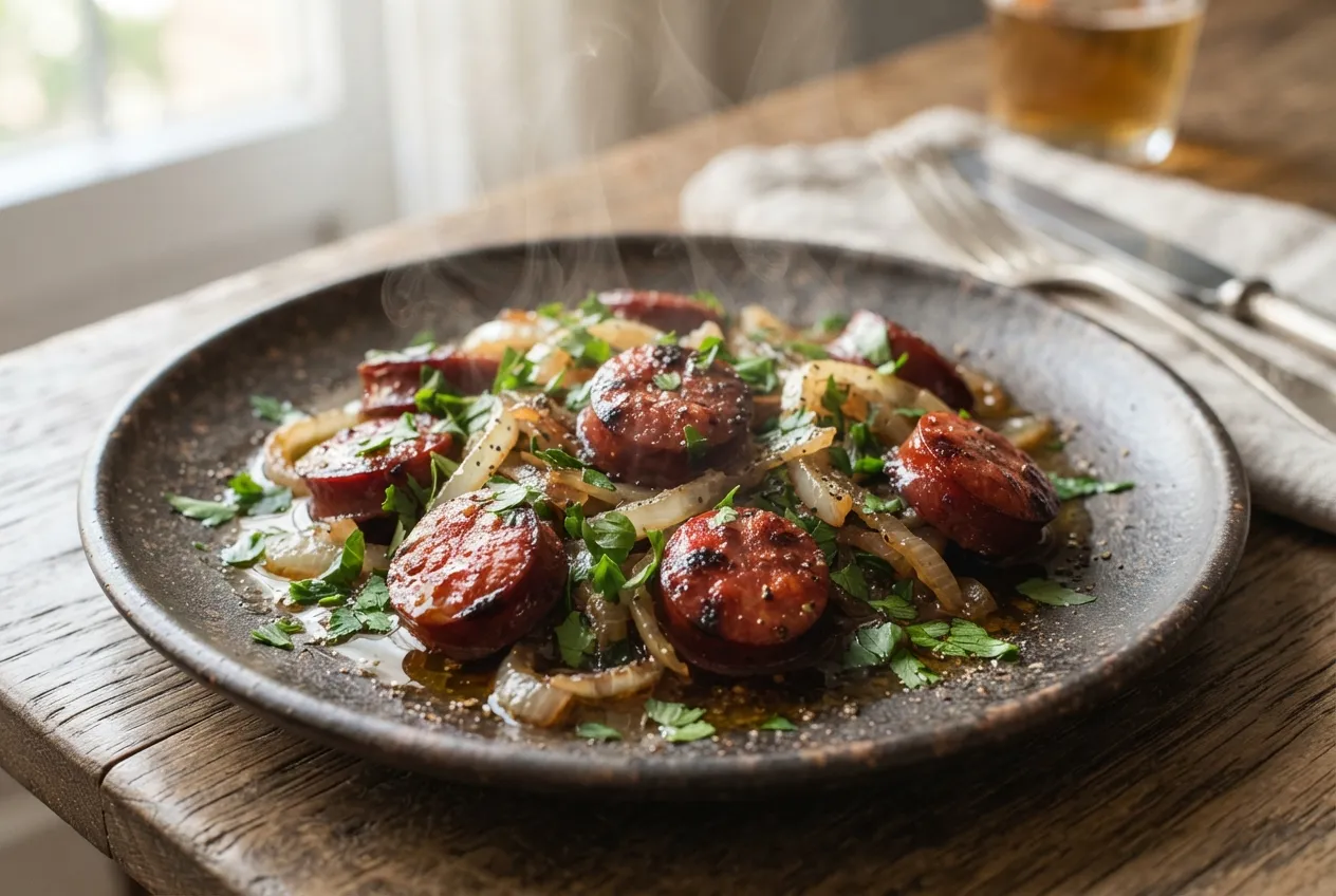 Chorizo a la sidra con cebolla y perejil