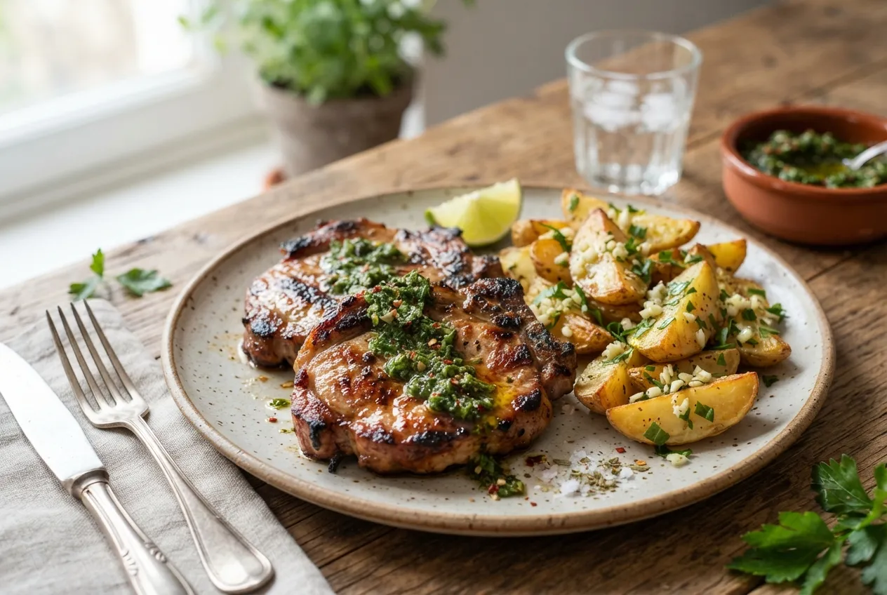 Churrasco de cerdo con chimichurri y papas a la provenzal