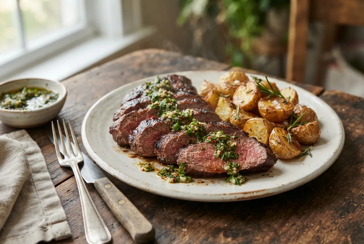 Colita de cuadril a la parrilla con chimichurri y papas