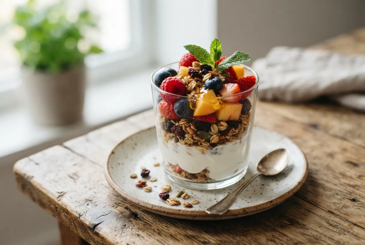 Copas de yogur con granola y frutas de estación
