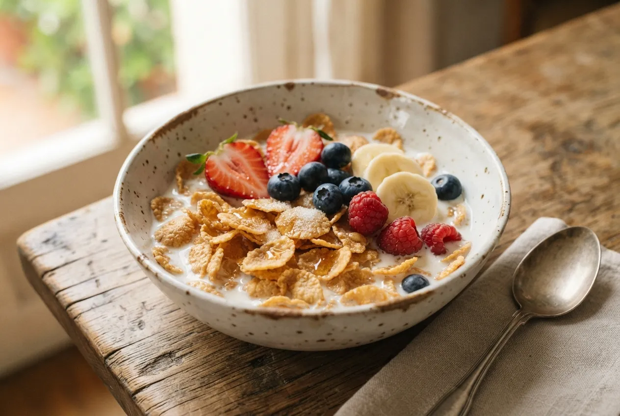 Copos de maíz caseros con leche y frutas frescas