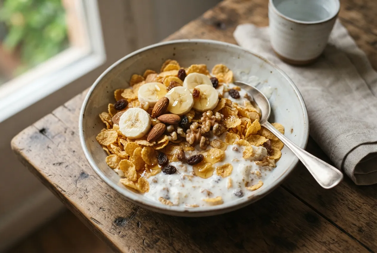 Copos de maíz con miel y frutas secas para el desayuno