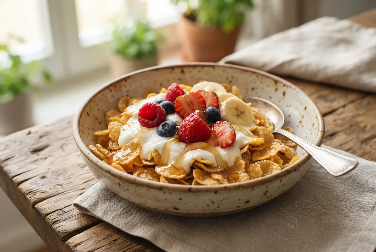 Copos de maíz con yogurt natural y miel para desayuno