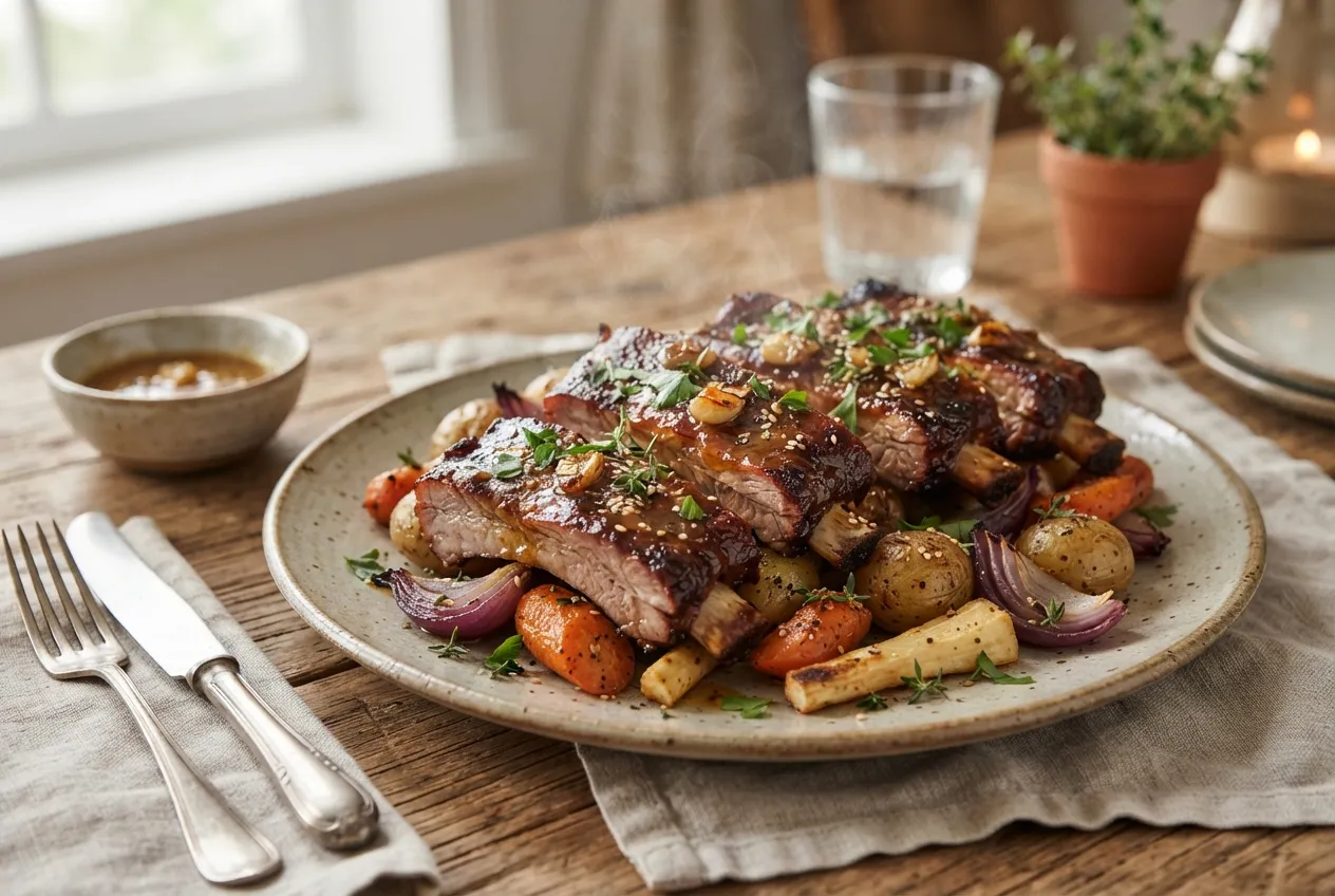 Costillas de cerdo glaseadas con miel y mostaza al horno