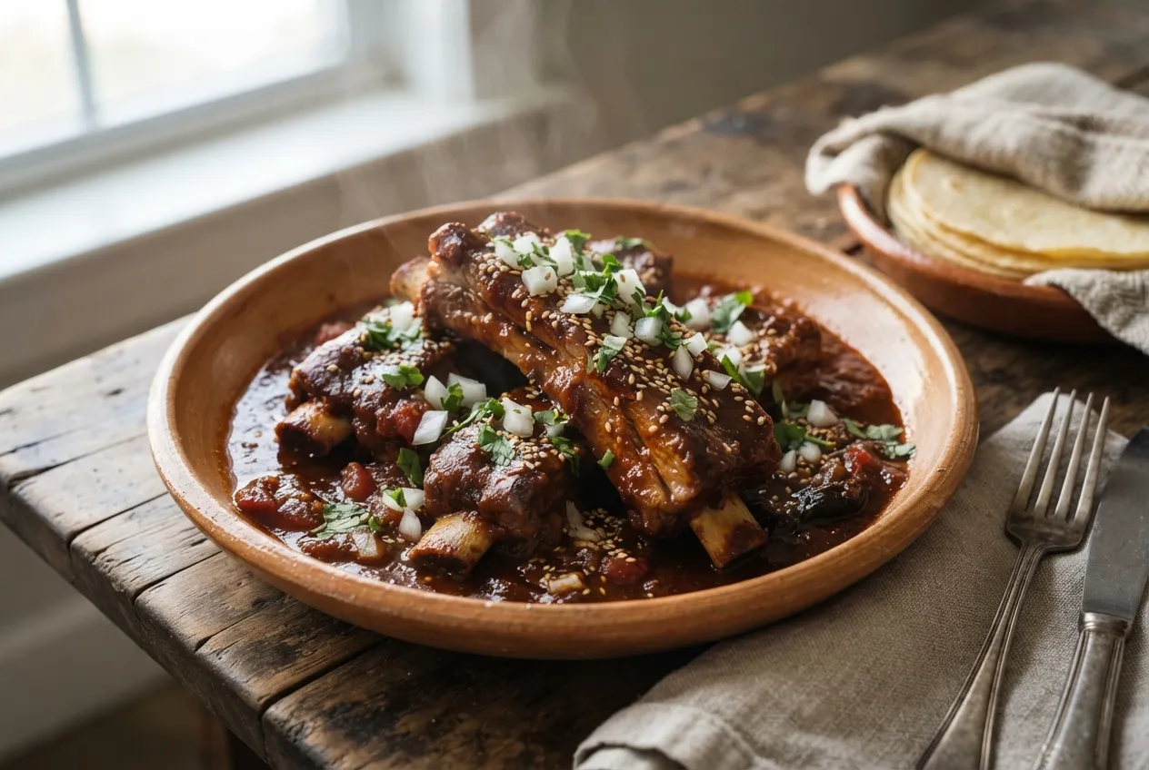 Costillas en salsa de chile pasilla para asado mexicano