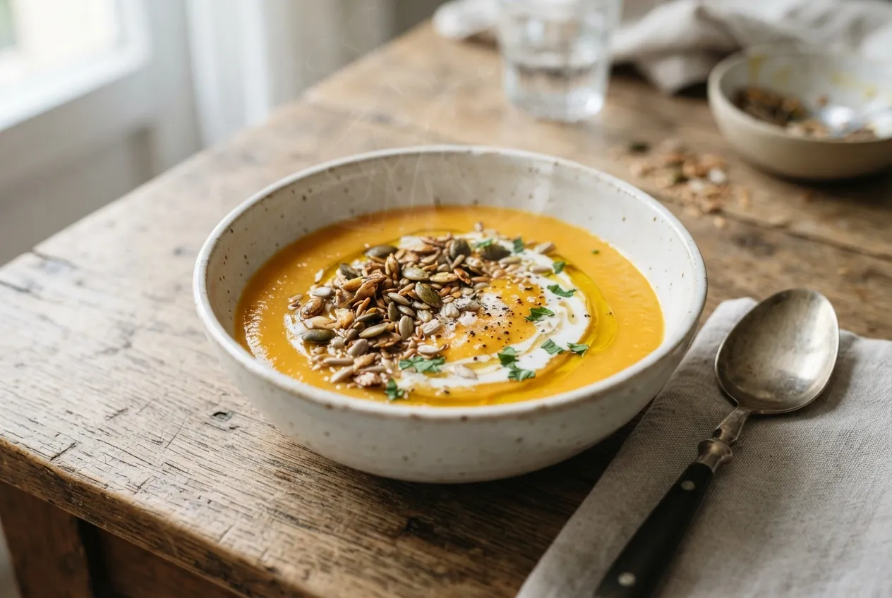 Crema de zanahoria con jengibre y crocante de semillas