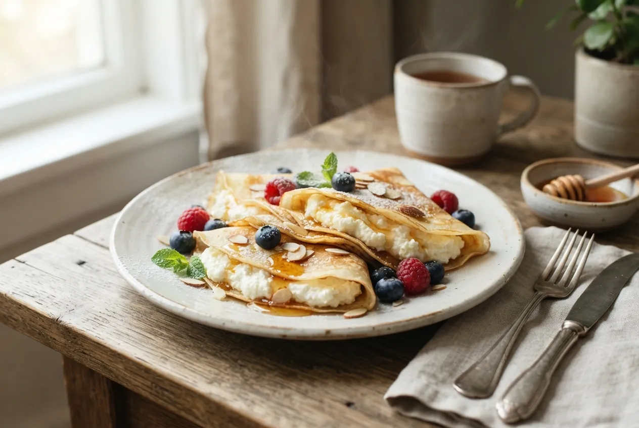 Crepes dulces con ricota y miel para la mañana