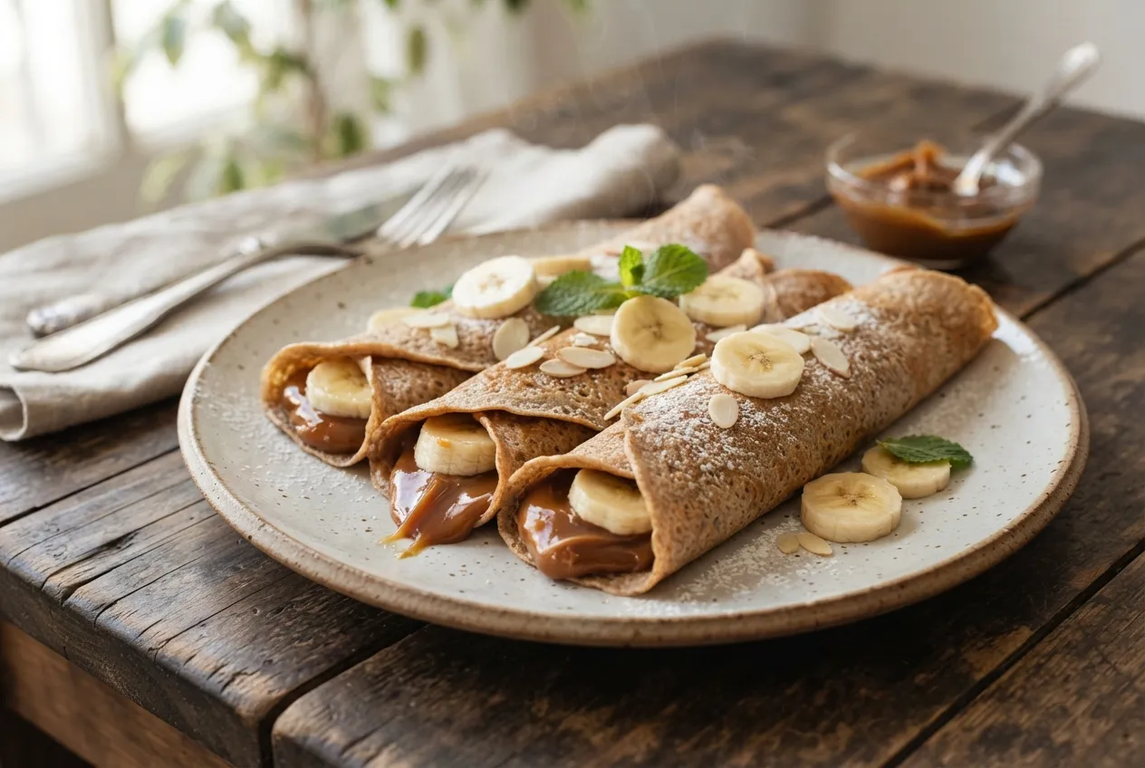 Crepes integrales rellenos con dulce de leche y banana